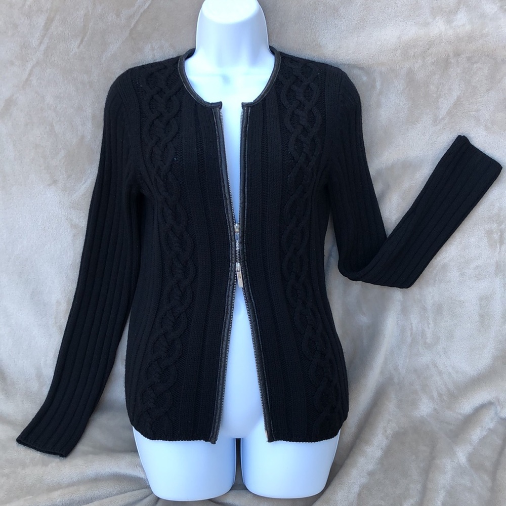 TORY BURCH Leather Trimmed Wool Cable Knit Cardigan with Full 2 Way Zip Front